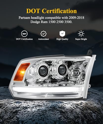 Partsam Full LED Chrome Headlights Assembly Compatible with 2009-2018 Ram 1500 2500 3500, DOT Approved Dual Projector Lens with Start Animation DRL Sequential Turn Signal Hi/Low Beam 6500K IP67 - color: Chrome