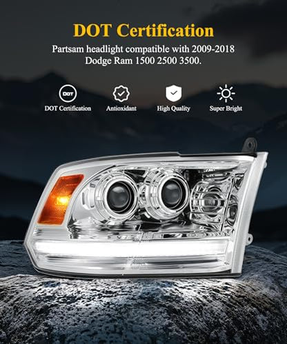 Partsam Full LED Chrome Headlights Assembly Compatible with 2009-2018 Ram 1500 2500 3500, DOT Approved Dual Projector Lens with Start Animation DRL Sequential Turn Signal Hi/Low Beam 6500K IP67 - color: Chrome