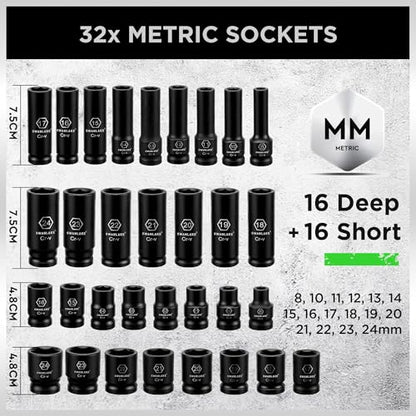 SWANLAKE 1/2" Drive Impact Socket Set, 66-Piece Standard SAE (3/8"-1-1/4") and Metric (8-24mm) Size, 6 Point, Cr-V, 1/2-Inch Drive Ratchet Handle, Extension Bar, Impact Universal Joint - style: 1/2'' 66PCS