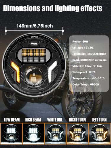 5.75 Inch Motorcycle Headlight Hi/Low Beam White DRL Amber Turn Signal Light for Iron 883 Dyna Street Bob Super Wide Glide Low Rider Night Rod Train Softail Deuce Custom Sportster - color: with Turn Signal Light