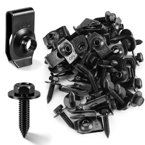 50PCS 1/4 Body Bolts and U-Nut Clips, Automotive U Clips and Screws Kit - color: Black 1/4