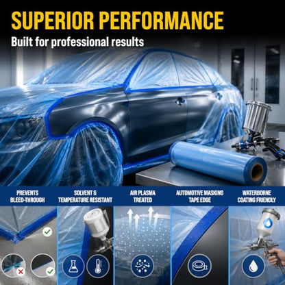Dura-Gold 22" x 65' Pure Blue Pre-Taped Masking Film, (3 Pack) Painters Plastic Roll (0.4 Mil), Pull Down Drop Sheet, Pre-Taped Plastic Sheeting for Painting Protection on Auto, Walls, Furniture