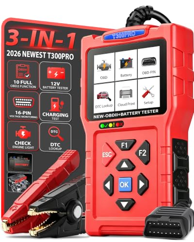 OBD2 Scanner and Battery Tester, 3-in-1 Car Code Reader with Cranking Test - color: T300PRO-RED
