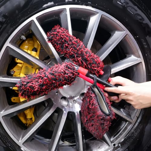 oesee Microfiber Wheel Brush Kit- Microfiber Wheel Brush, Long Handle Wheel Brush, Tire& Detailing Brush, Wheel Wash Mitt. Hands-On Wheel Detailing Kit for Daily Wheel Cleaning - color: Red/Black, size: 5-Pack