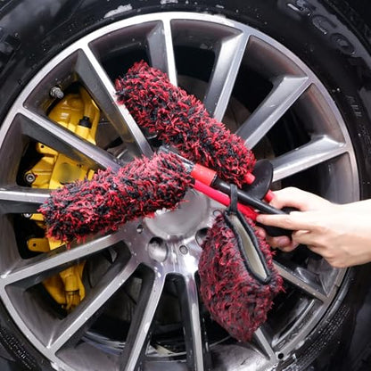 oesee Microfiber Wheel Brush Kit- Microfiber Wheel Brush, Long Handle Wheel Brush, Tire& Detailing Brush, Wheel Wash Mitt. Hands-On Wheel Detailing Kit for Daily Wheel Cleaning - color: Red/Black, size: 5-Pack