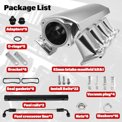 92mm Intake Manifold with Fuel Rails & Hardware Kit, Compatible with Chevy GM LS LS1 LS2 LS6 Engines 4.8L 5.3L 5.7L 6.0L High Flow Aluminum Sheet Metal (Silver) - color: Silver