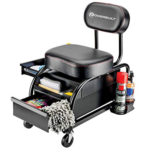 Powerbuilt Professional Car Detailers Mechanics Roller Seat, Heavy Duty Garage Stool with Thick Padded Seat and Backrest, 2 Sliding Storage Drawers, Tool Tray, Can Holders, 3in. Swivel Casters–240299 - size: 2 Sliding Storage Drawers