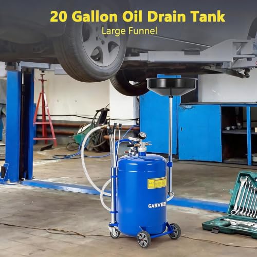 Garvee 20 Gallon Waste Oil Drain Tank, Portable Oil Drain Container, Air Operated Drainer, Fluid Fuel Transfer Drainage, Adjustable Funnel Height with Wheel &15'' Premium Bowl and a Toolbox - size: 20 Gallon - L Size - Blue