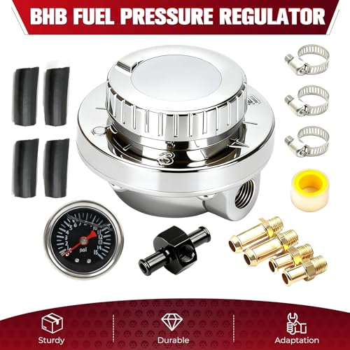 BHB Zinc alloy Universal Fuel Pressure Regulator 1-5 PSI kit Compatible with Single carburetor and dual carburetor with 0-15 PSI scale pressure gauge with rubber hoses steel clamps brass fittings - size: 1-5 PSI+pressure gauge kit