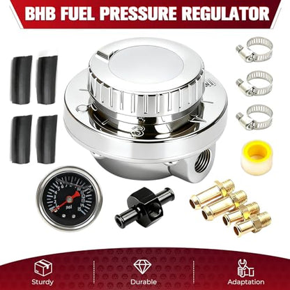 BHB Zinc alloy Universal Fuel Pressure Regulator 1-5 PSI kit Compatible with Single carburetor and dual carburetor with 0-15 PSI scale pressure gauge with rubber hoses steel clamps brass fittings - size: 1-5 PSI+pressure gauge kit