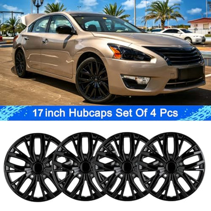 17-Inch Silver ABS Hubcaps with Steel Rings & Adjusters, Patented Design, Universal Fit, Set of 4 Wheel Covers (Glossy Black) - color: Glossy Black