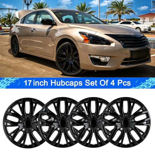 17-Inch Silver ABS Hubcaps with Steel Rings & Adjusters, Patented Design, Universal Fit, Set of 4 Wheel Covers (Glossy Black) - color: Glossy Black