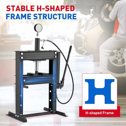 10 Ton Hydraulic Shop Press, Heavy-Duty H-Frame Garage Floor Press with Stamping Plates, Adjustable Height Bearing Press for Metal Straightening, Bending, Parts Pressing & Automotive Repair