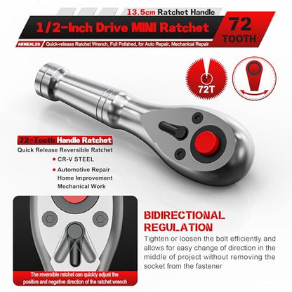 1/2-Inch Drive Stubby Ratchet, 13.5cm Ratchet Handle, 72-Tooth Quick-release Ratchet Wrench, Full Polished, for Auto Repair, Mechanical Repair - size: 1/2" Mini