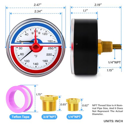 MEANLIN MEASURE 0-160Psi Thermal Pressure Gauge,0-250℉ 1/4" NPT 2.5" FACE DIAL, Boiler Temperature Pressure Gauge with Reset Pointer, with 1/2" NPT and 3/8" NPT Hex Bushing, Back Mount - size: Back Mount, style: Dry