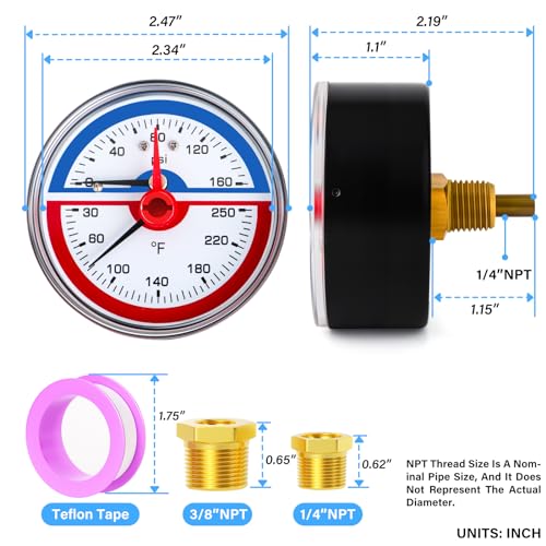 MEANLIN MEASURE 0-160Psi Thermal Pressure Gauge,0-250℉ 1/4" NPT 2.5" FACE DIAL, Boiler Temperature Pressure Gauge with Reset Pointer, with 1/2" NPT and 3/8" NPT Hex Bushing, Back Mount - size: Back Mount, style: Dry