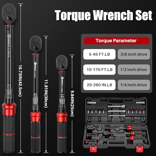 20Pcs 1/4 3/8 1/2-inch Drive Click Torque Wrench Set for Car Moto - size: 260In.Lb,45Ft.Lb,170fFt.Lb
