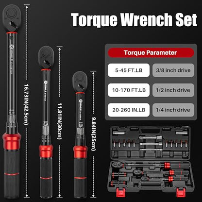 20Pcs 1/4 3/8 1/2-inch Drive Click Torque Wrench Set for Car Moto - size: 260In.Lb,45Ft.Lb,170fFt.Lb