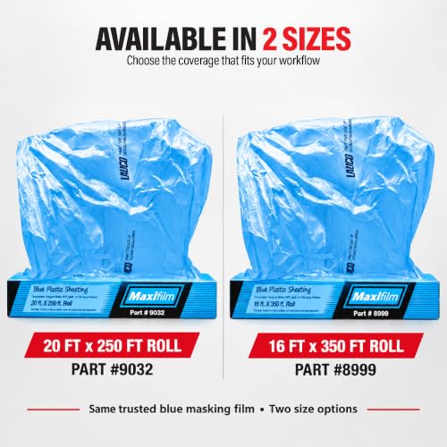 MAXIFILM 16ft x 350ft Roll of Blue Overspray Paintable Masking Plastic Sheeting -8 Micron, 0.3 Mil, Protective Masking Film Cover, Auto Painting, Cover Cloth Home Walls Furniture (1, 16ft x 350ft)