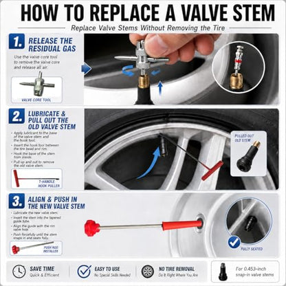 Valve Stem and Core Removal Replacement Tool Kit,Valve Stem Installation Tool Without Removing Tire,Snap Fix Mate Valve Stem with 5 TR413/TR414 for Cars Motorcycles Lawn Mowers ATVs