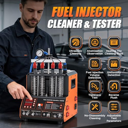Fuel Injector Cleaner Tester Kit 2000ML 28KHz Ultrasonic & Heated Injector Cleaner Machine 9 Test Mode Injector Tester 4-Cylinder Fuel System Injection Cleaning Tool for 5V/12V Motorcycle Car Injector - size: Large