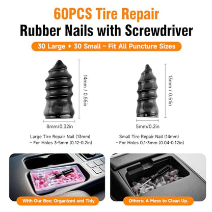 101Pcs Tire Repair Rubber Screw Kit, Dual Size (Small & Large) Rubber Nail Plugs for Car, Motorcycle, Truck, Tractor – Fast Self-Service Tool for Vacuum Tire Puncture Repair, Includes Screwdriver