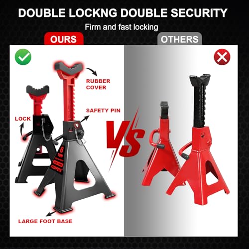 6 Ton (13,200 LBs) Jack Stands with Double Pin Locking,Rubber Cover and Large Foot Base,15"-23" Adjustable Height,Heavy Duty Car Jack Stands,Lifting Bus,RV,SUV,MPV,Pickup Truck,ATV/UTV,1 Pair - color: red-standard, size: 6ton Load Capacity