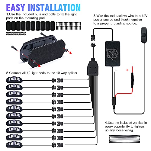 Xprite 18 LED Rock Lights 10 Pods Wide Angle Bluetooth Wheel Well Lights - color: Wide Housing, size: 10 Pods