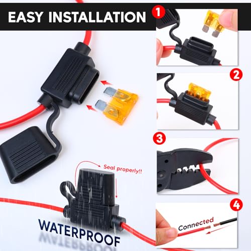 Pack of 5 Inline Fuse Holder 16AWG 1FT – Heavy Duty Automotive Blade Fuse Holder 2A/3A/5A/7.5A/10A/15A/20A Ideal for Car, Marine, Solar, and RV Applications (35 Fuses in Set) - size: 16AWG (5 Pcs)
