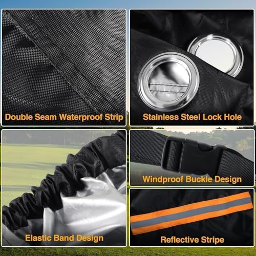 EVRBUL Universal All Season Motorcycle Cover Heavy Duty 420D Outdoor Motorbicycle Sun Cover Protection Moped Cover with Lock-Holes Night Reflective & Storage Bag Fits up to 96.5" Motorbike Vehicle