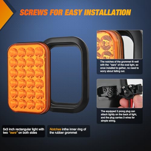 Nilight 5" X 3" Rectangular Trailer Tail Light 2 PCS Amber 24 LED - color: 2Pcs Amber 24Led Lights 5x3Inch