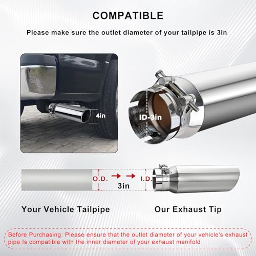 Mupera Universal 3 Inch Inlet Exhaust Tip, 4" Outlet, 12" Long - size: 3" Inlet 4" Outlet 12" Length Silver