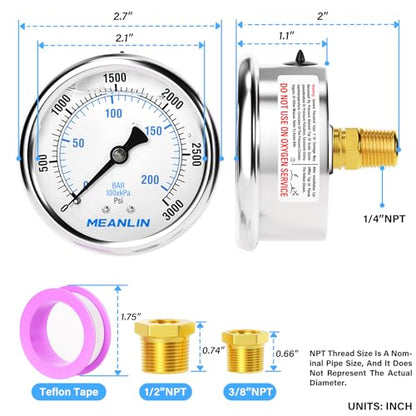 MEANLIN MEASURE 0~3000Psi Stainless Steel 1/4" NPT 2.5" FACE DIAL Liquid Filled Pressure Gauge WOG Water Oil Air Center Back Mount, with 1/2" NPT and 3/8" NPT Hex Bushing - size: 0-3000Psi