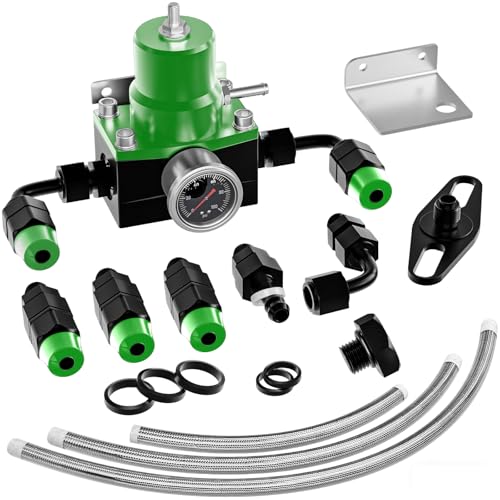 EFI Fuel Pressure Regulator Kit with Bypass Return 0-100psi Pressure Gauge AN6-6AN Fuel Line Hose Fitting Connectors Kit Adjustable Universal Aluminum (Green) - color: Green