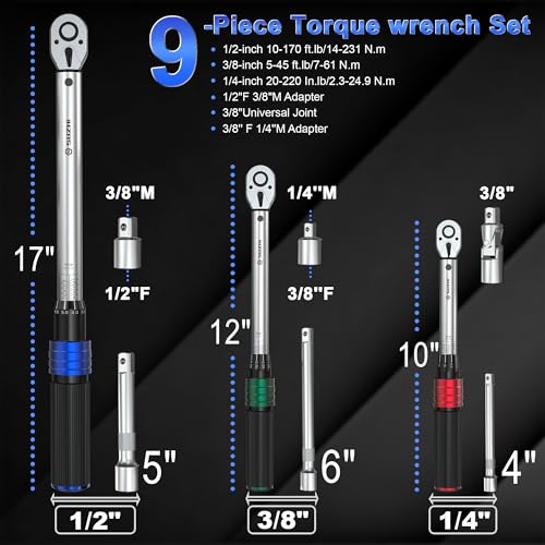 1/4 3/8 1/2 9PC Torque Wrench Set 20-220 In lb,5-45 &10-170 Ft lb,3 extension bar & 3 adapter,3% Accuracy,72 T,Chrome plated,anti-rust,no scratch & wear-resistant than Black,for DIY, bike,car & truck - size: 1/4'' 3/8'' 1/2'' 9pcs
