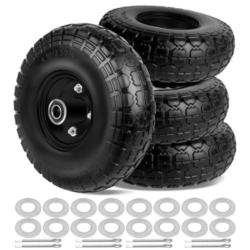 4.10/3.50-4 Tires and Wheels Flat Free 10 Inch Solid Tires Replacement with 5/8" Axle Bore Hole, 16 Spacers 8 Pins, for Cart, Garden Wagon, Wheelbarrow, Hand Truck, Trolley, Lawn Mower, 4P - color: Black, size: 10" - 4P