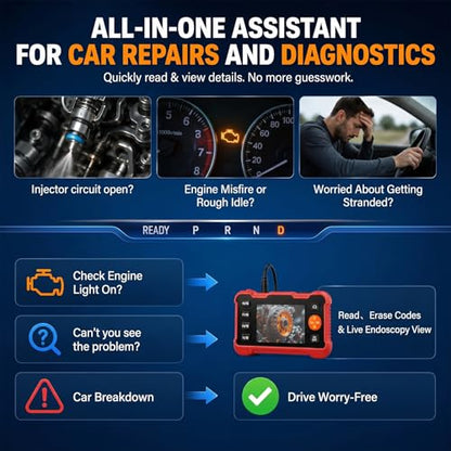 2-in-1 OBD2 Scanner & Endoscope Camera with Light, Universal Car Engine Fault Code Reader, Flexible Snake Borescope Inspection Camera, Multifunctional Automotive Mechanic Tool for Car Accessories