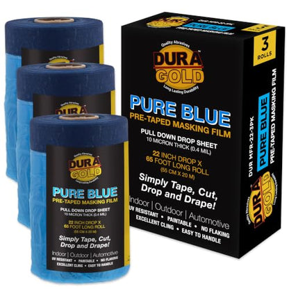 Dura-Gold 22" x 65' Pure Blue Pre-Taped Masking Film, (3 Pack) Painters Plastic Roll (0.4 Mil), Pull Down Drop Sheet, Pre-Taped Plastic Sheeting for Painting Protection on Auto, Walls, Furniture