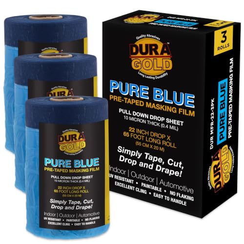 Dura-Gold 22" x 65' Pure Blue Pre-Taped Masking Film, (3 Pack) Painters Plastic Roll (0.4 Mil), Pull Down Drop Sheet, Pre-Taped Plastic Sheeting for Painting Protection on Auto, Walls, Furniture