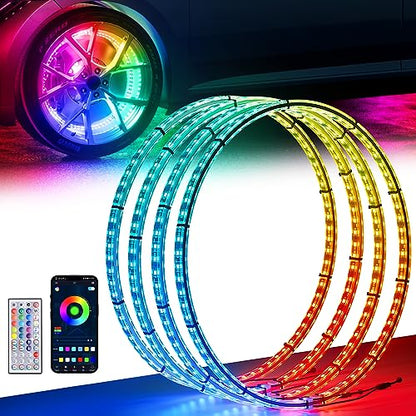 Ehaho 15.5" Double Row Wheel Lights, Brighter RGB Dream Chasing LED Rim Lights with App & Remote Control, Music Wheel Ring Light with Turn & Braking Signal Compatible with Various Trucks SUV Car（4PCS） - size: 4 Wheel-15.5" 2-Row Dream Chasing