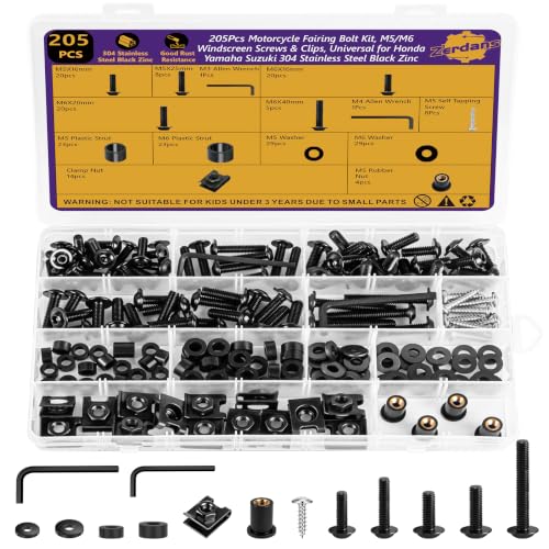 205Pcs Motorcycle Fairing Bolt Kit, M5 M6 Stainless Steel 304, Black - color: Black