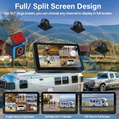 6CH AI WiFi GPS Sentry Mode RV Backup Camera System 10.1" Touch Screen Monitor with 4 1080P Rear Side View Camera,Mobile DVR Recording Live View on APP/Web/PC for Truck Trailer Tractor Fleet