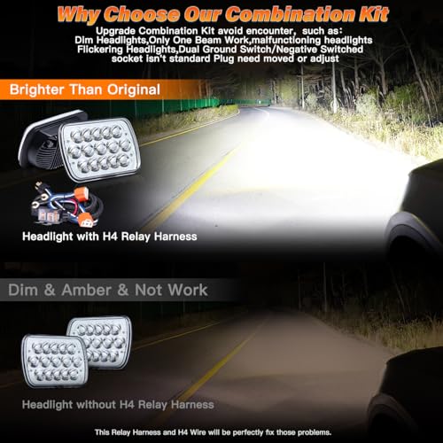 5x7 In LED Headlights with H4 Relay Wire DOT Approved High/Low Beam - size: 5X7 Led headlights+Harness