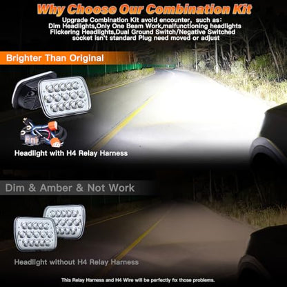 5x7 In LED Headlights with H4 Relay Wire DOT Approved High/Low Beam - size: 5X7 Led headlights+Harness