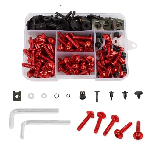 CHIFUN Motorcycle Fairing Bolt Kit, 195 Pcs M5 M6 Aluminum Screws Assortment Kit Plastic Grommets Nuts Washers Clips Universal for Sport Dirt Bike Bodywork Fairing Windscreen (Red) - color: Red
