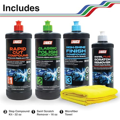 LAUCO 3-Step Kit – Steps 1 2 3 – 32oz, + Swirl Remover – 8oz, with a Towel, Professional Silicone-Free Cutting, Polishing & Finishing Compounds for Scratch Removal, Clear Coat Safe High-Gloss Finish - style: Full Set