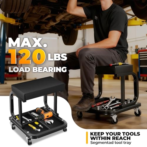 Auto Dynasty Rolling Mechanic Stool, Padded Shop Seat, w/Tool Tray, Black