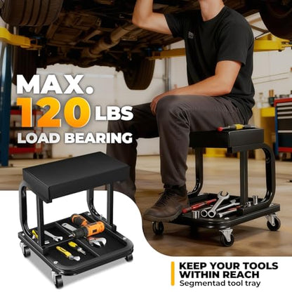Auto Dynasty Rolling Mechanic Stool, Padded Shop Seat, w/Tool Tray, Black