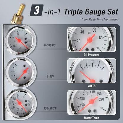 2" 52mm Triple Gauge Set Kit, Oil Pressure, Water Temperature & Voltmeter, 0-100 PSI / 100-280°F / 8-16V, Universal for Most 12V Vehicles - style: Oil Press.+Volt+Water Temp.