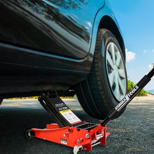 Floor Jack, Low Profile Steel Heavy Duty Hydraulic Trolley Racing Car Jack with Dual Piston Quick Lift Pump, 3.5 Ton (7000 lbs) Capacity, Lifting Range 4"-21", Red - color: Red, style: 3.5 Ton-Steel Dual Pump 4"-21"